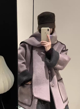 玥儿-新韩系撞色边设计宽松羊毛外套(配围巾)（含69.4绵羊毛）708