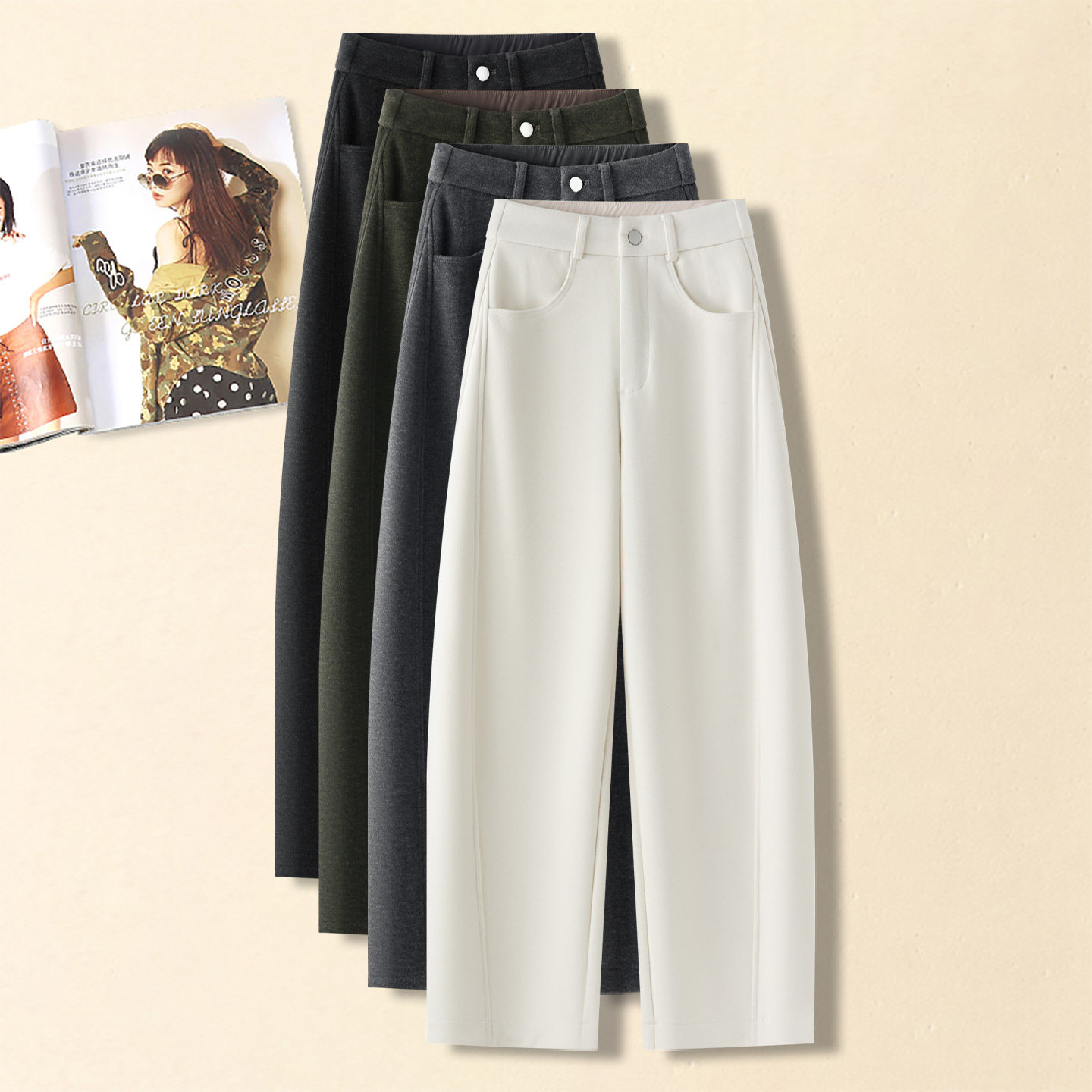 加绒加厚羊毛弯刀裤女白色裤子2025秋冬季新款休闲慵懒毛呢阔腿裤