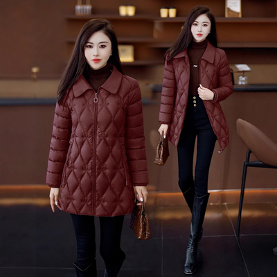 时尚菱格纹中长款棉服女2025冬季新款洋气修身显瘦小个子棉袄外套