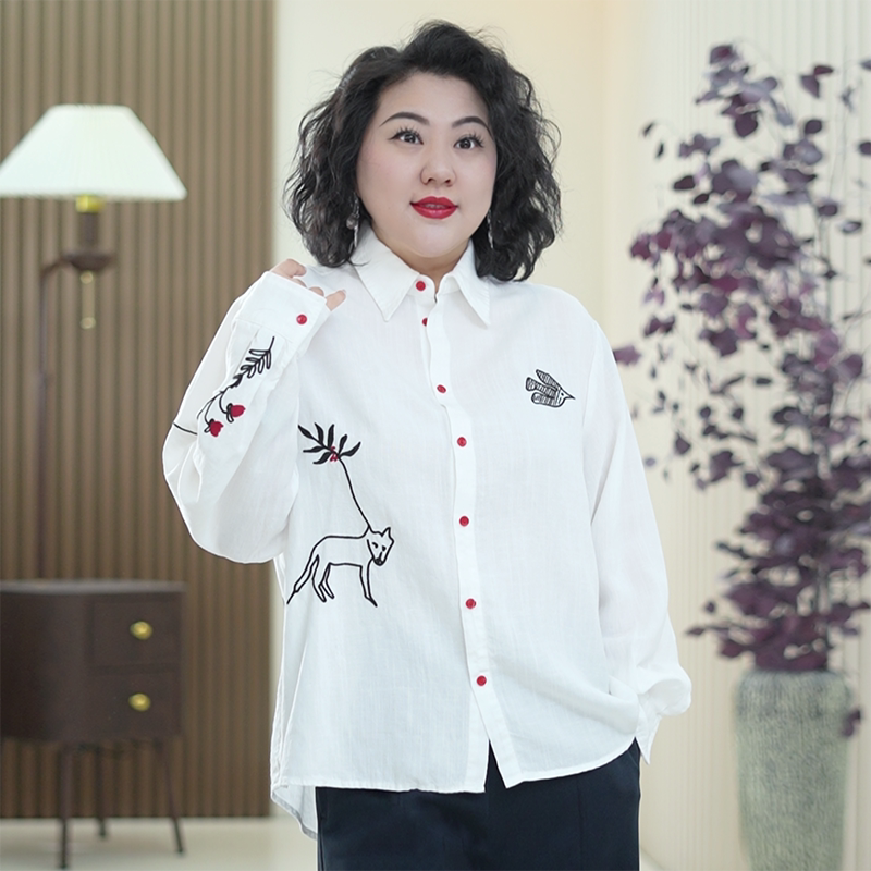 天丝亚麻春夏季衬衫设计师款线描刺绣大码写意文艺风松弛感外套女