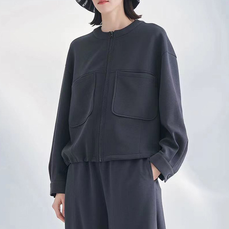 圆领短款外套女衬衫袖大口袋