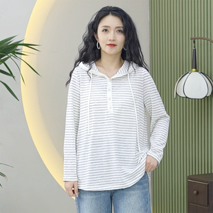 天竺棉条纹韩版连帽卫衣慵懒风松弛减龄感大码时尚春季帽衫上衣女