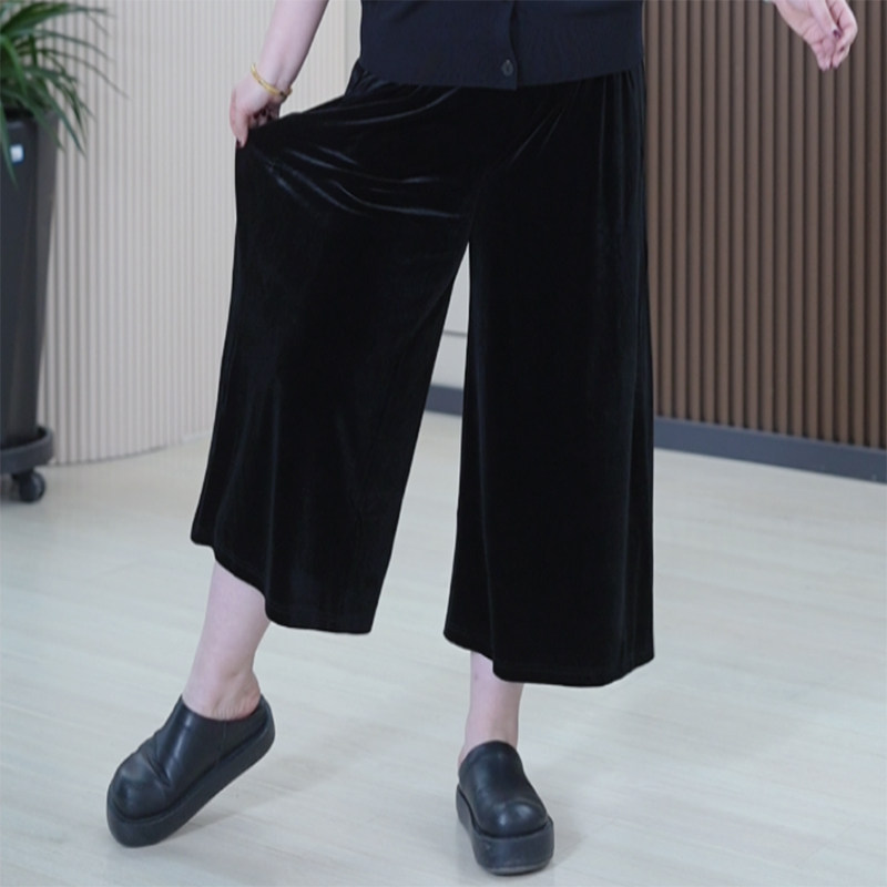醋酸丝绒阔腿裤女垂感大码休闲空气裤复古弹力绵羊皮裤裙八分裤