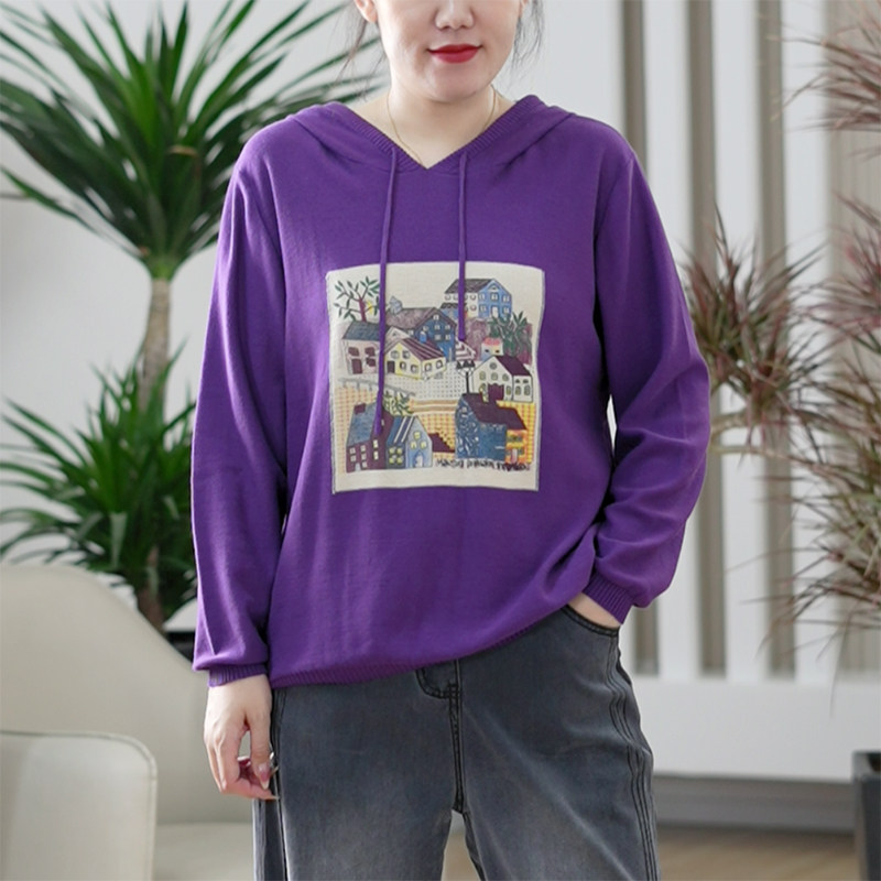 小房子长袖糖果色连帽针织衫文艺复古印花卫衣大码休闲百搭上衣女