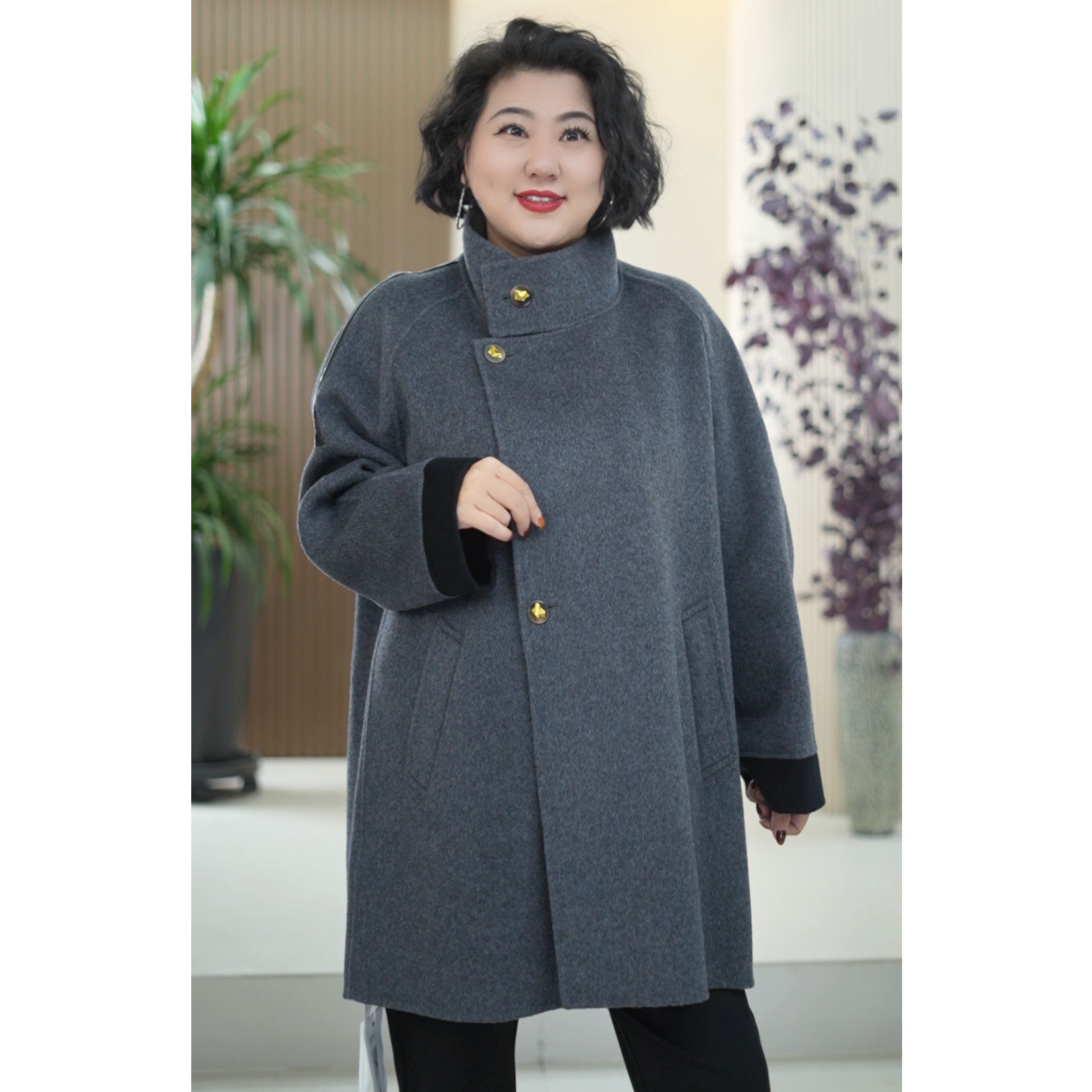 100%全绵羊毛双面呢大衣女定制半扣毛呢秋季大码显瘦气质保暖外套