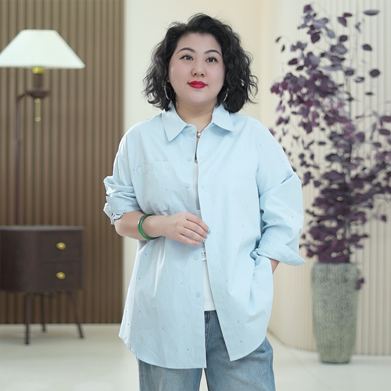重工烫钻衬衫外套银河碎钻大码软柔纱卡100%棉春季中长款开衫女潮