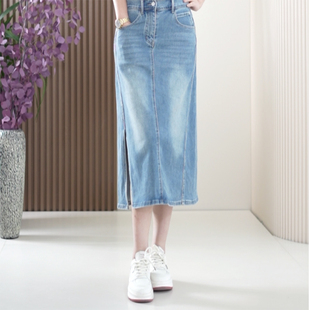 复古A字牛仔半身裙松紧腰水洗柔软大码高腰侧开叉遮胯中长款伞裙