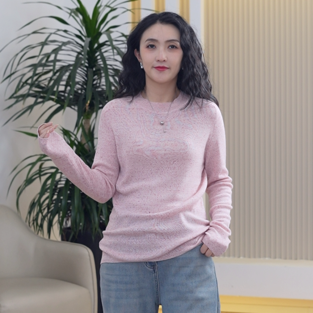 亚麻点子纱绵羊毛打底衫女弹力显瘦针织衫彩点秋季螺纹领上衣T恤