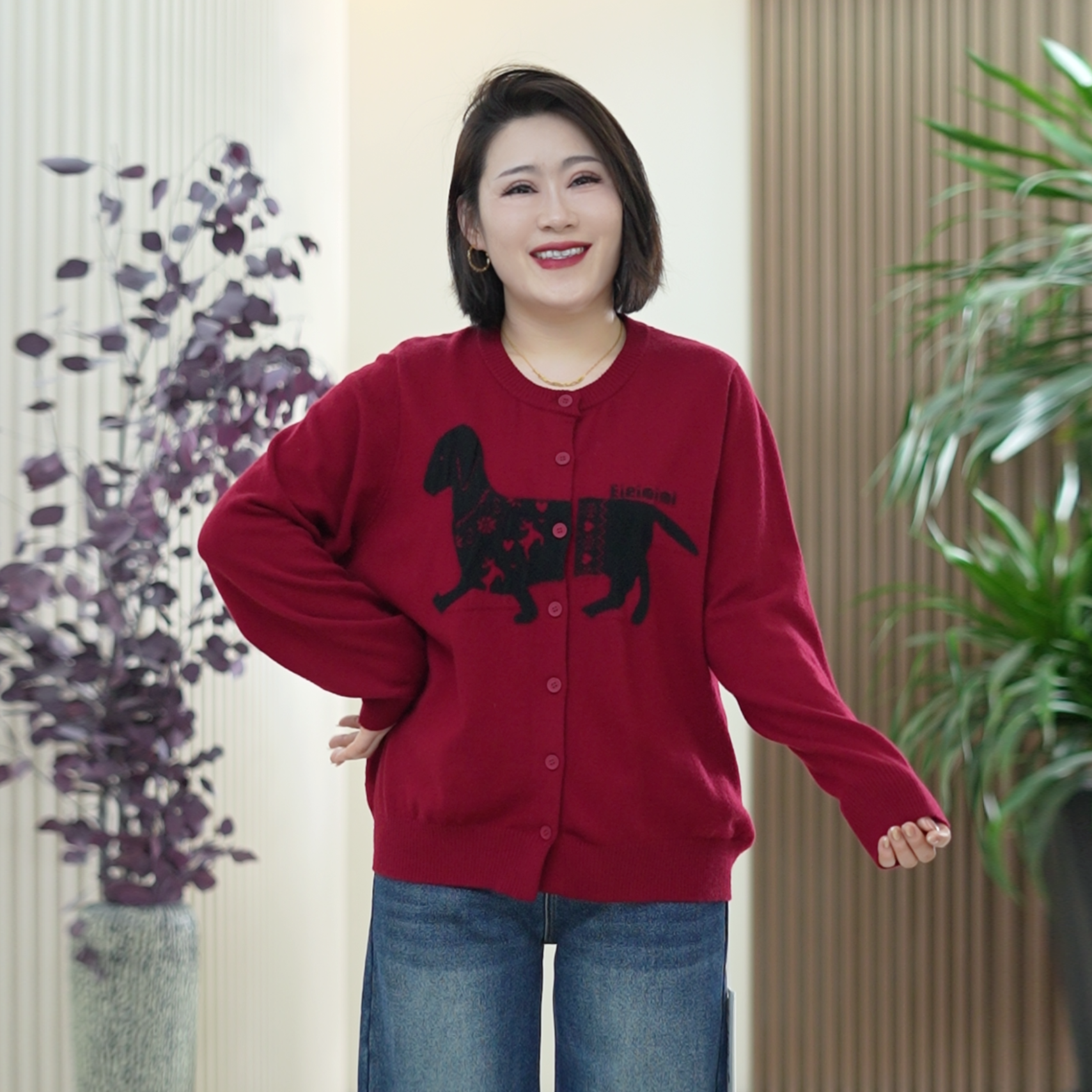 腊肠小狗费尔岛针织衫女大码弹力百搭显瘦开衫冬季保暖糯米绒毛衣