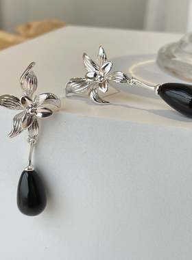LJW 新中式气质优雅银色立体兰花花朵黑色玻璃水滴坠耳饰长款耳钉