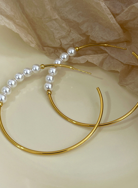 LJW 简约金属珍珠大耳圈耳钉气质奢华法式优雅小众精致感圆形耳饰