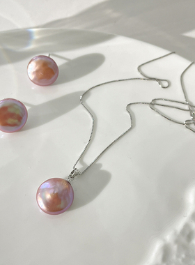 LJW 小众设计高级感优雅S925银天然巴洛克粉紫色纽扣耳钉项链套装