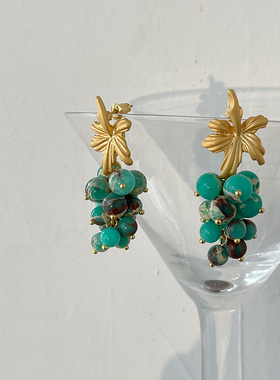 LJW 天然石法式复古油画质感小众独特绿色葡萄串珠耳环度假耳饰女