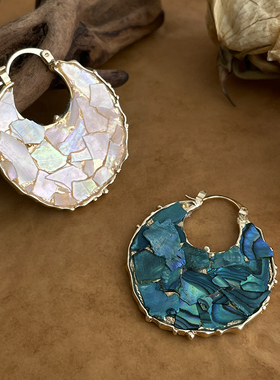 LJW 国风新中式天然贝壳白色绿色耳圈夸张独特个性高级感圆形耳环