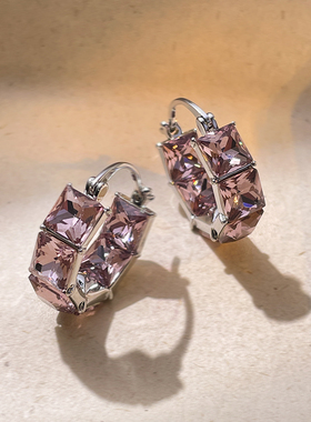 LJW 法式复古粉色方块皓石耳环小众设计感简约气质轻奢耳圈耳饰女