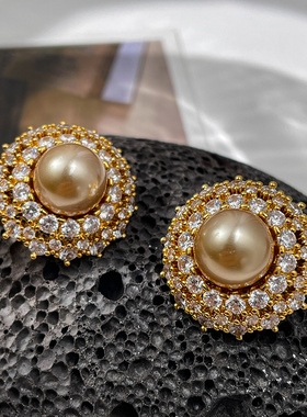 LJW 法式复古高亮香槟珍珠重工镶钻太阳花耳钉气质轻奢宫廷风耳饰