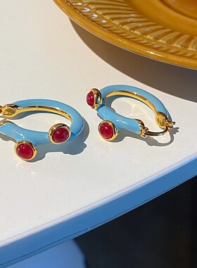 LJW 白百何同款红玛瑙珐琅耳环女时尚百搭蓝色复古圈圈耳饰耳钉潮
