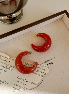 LJW 欧美橘红色月牙亚克力耳环女轻奢小众设计高级感夸张树脂耳饰
