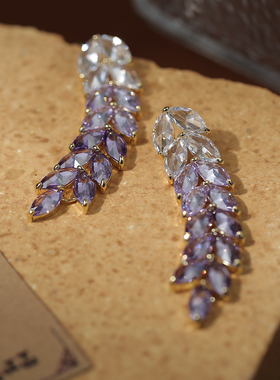 LJW 小众设计气质优雅长款麦穗树叶耳环渐变流苏闪钻紫色耳饰耳坠