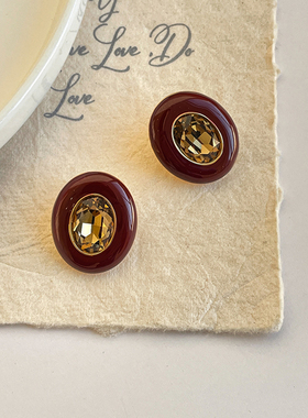 LJW 法式复古红色珐琅镶钻椭圆耳钉高级感复古港风耳环精致耳饰女