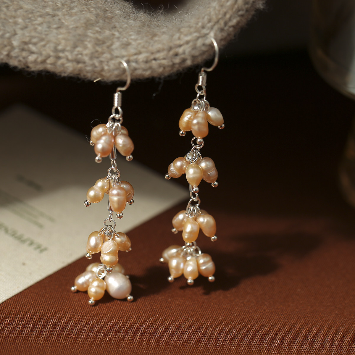 LJW 法式优雅橘粉色淡水珍珠流苏耳环爆米花葡萄串气质高级感耳饰,饰品/流行首饰/时尚饰品新,耳环,淘宝优惠券,粉丝福利购,淘宝优惠卷