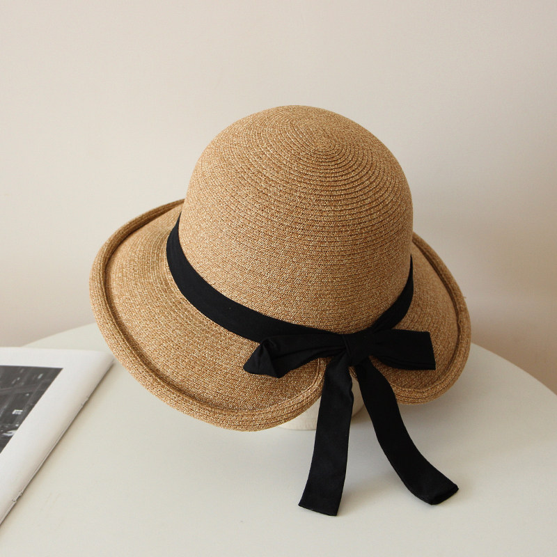 复古盆帽百搭卷边草帽女士丝带系带渔夫帽遮阳帽夏季防晒帽帽子