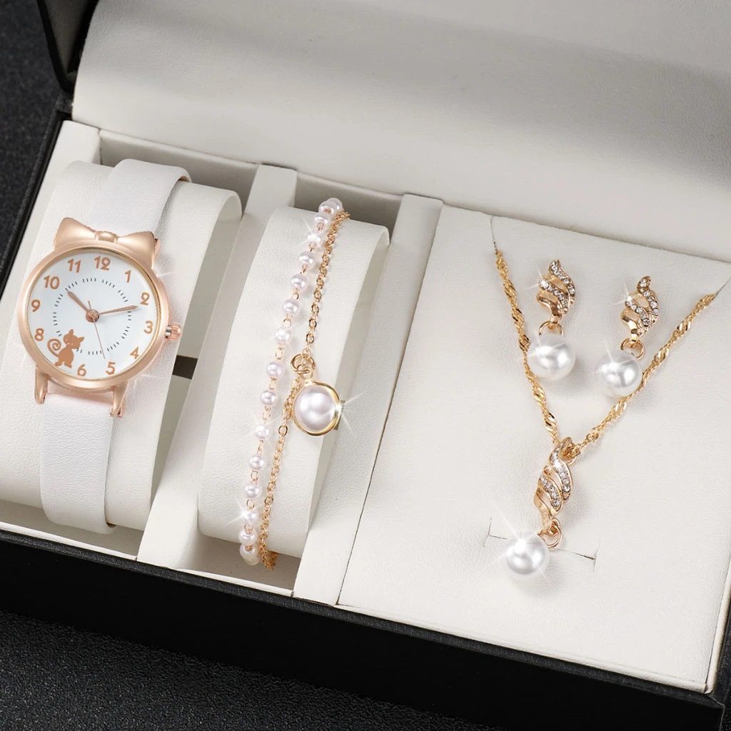 皮带电子表时尚多款式搭配可爱小猫石英女表套装学生礼物考试腕表