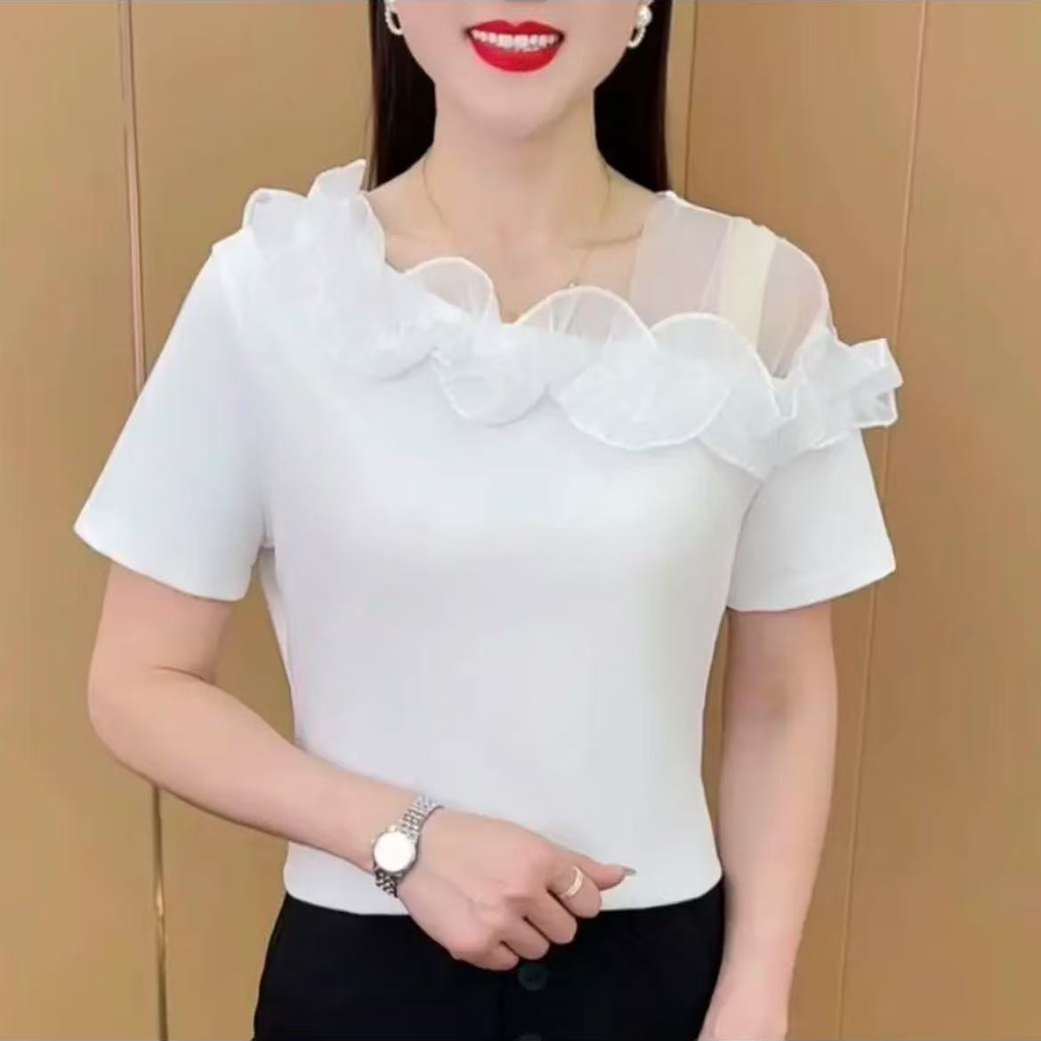 夏季不规则百搭洋气设计漏肩显瘦女士荷叶边气质时尚短袖T恤351
