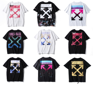 男女同款 OFF 烫金胶带背后箭头印花短袖 WHITE OW宽松情侣T恤 AWGE
