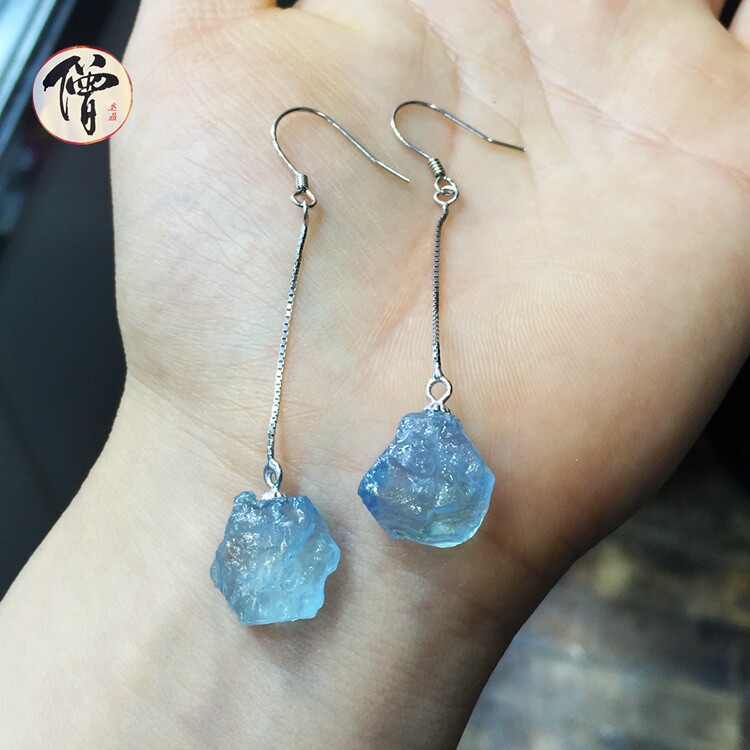 天然海蓝宝耳坠女纯银原石仙气