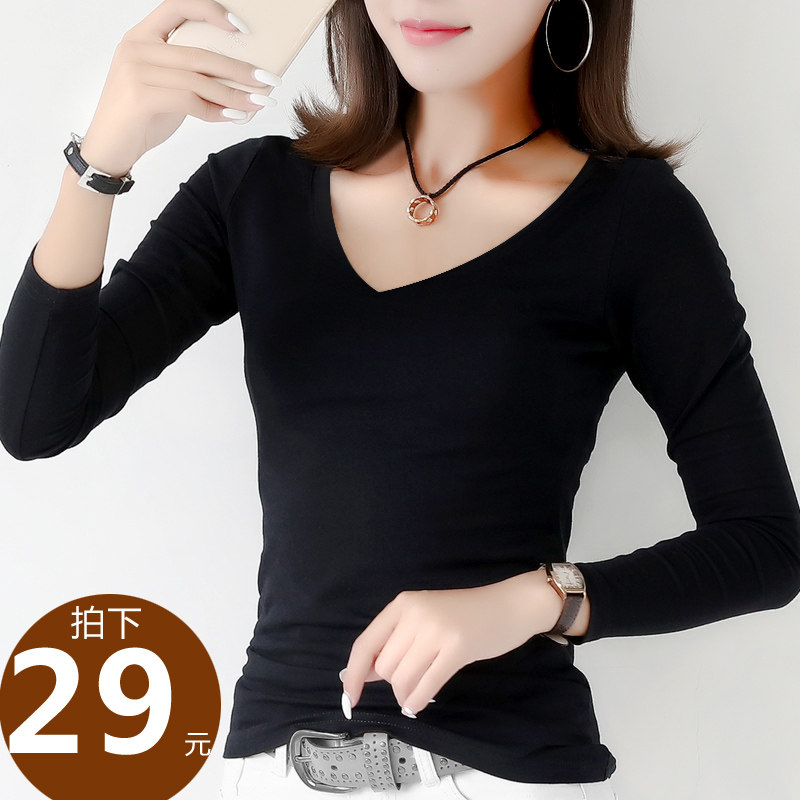 纯色黑色打底衫女长袖t恤V领显瘦修身棉质简约秋款秋冬白色上衣