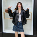 时尚短款咖色翻领皮衣外套女春秋2025新款减龄甜酷风PU夹克设计感，女装皮衣，2C013