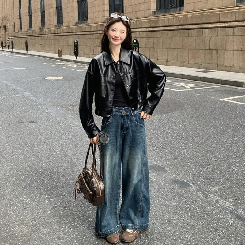甜酷风翻领短款咖色皮衣外套女春秋2025新款小个子PU机车夹克上衣,女装皮衣,2C013