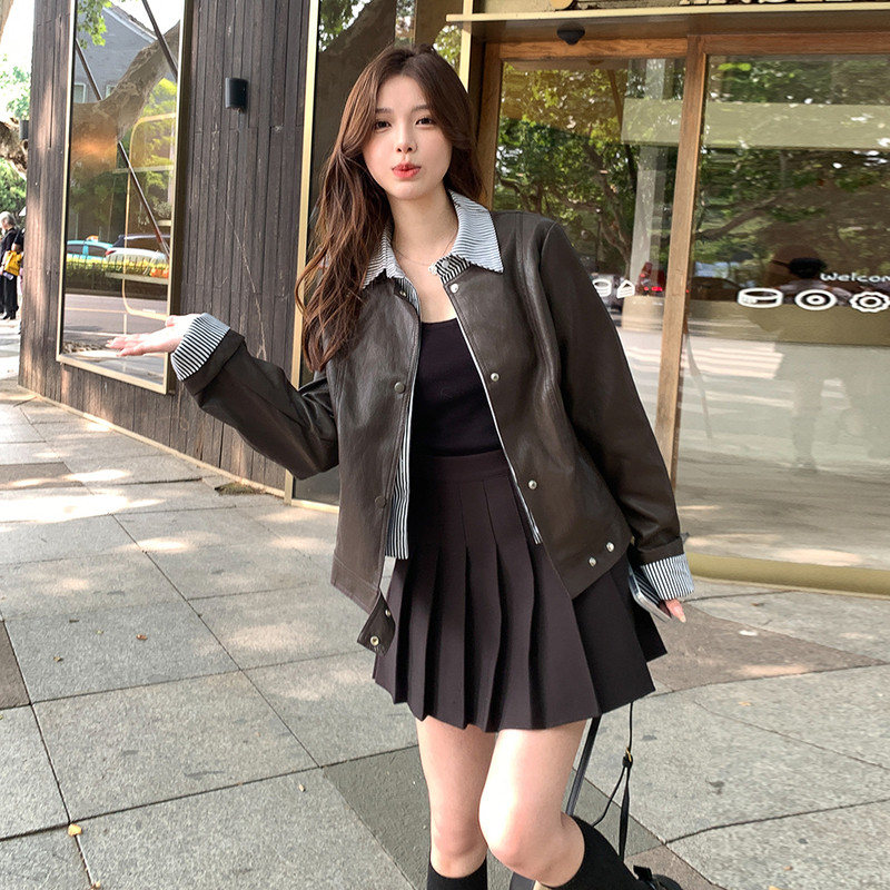 条纹衬衫领PU皮衣短外套女2025春秋季新款新款显瘦假两件夹克上衣,女装皮衣,2C013