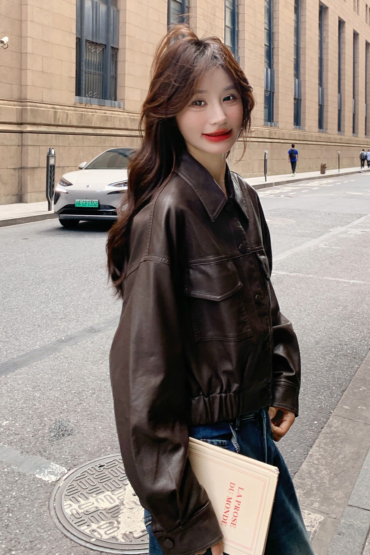 甜酷风翻领短款咖色皮衣外套女春秋2025新款小个子PU机车夹克上衣,女装皮衣,2C013