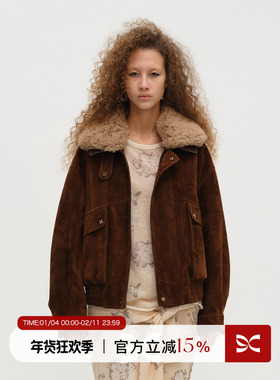 SQUARE CIRCLE 方圆可拆卸毛领两穿复古工装短款廓形麂皮夹克外套