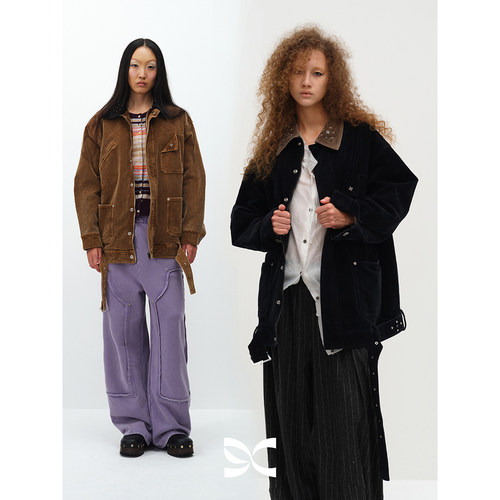 SQUARE CIRCLE 方圆设计感铆钉做旧灯芯绒翻领工装夹克棉服外套