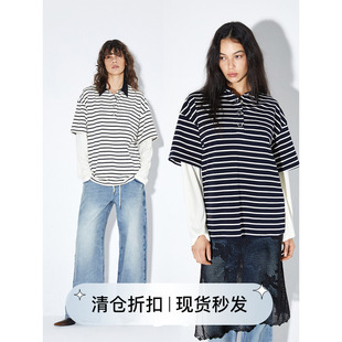 T恤女春季 宽松上衣 circle方圆条纹拼接假两件polo领长袖 square