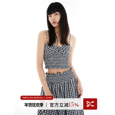 黑白格纹简约打揽吊带上衣