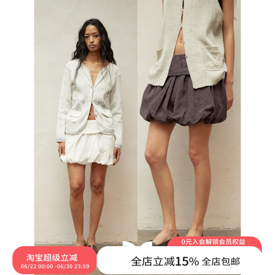 SQUARE CIRCLE 方圆亚麻不规则翻折蕾丝肌理腰头宽松复古花苞短裤