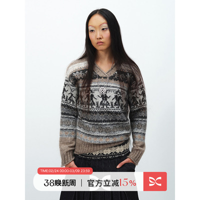 SQUARE CIRCLE 方圆马海毛V领费尔岛提花冬季新款宽松长袖毛衣