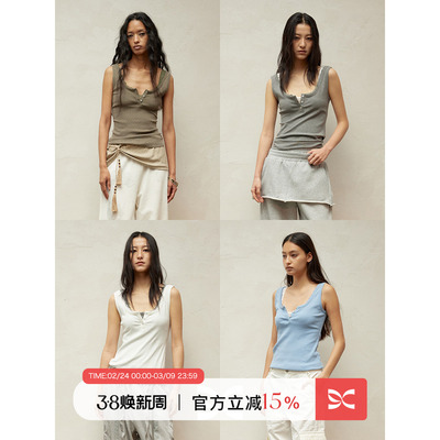 SQUARE CIRCLE 方圆春夏度假感蕾丝领拼接亨利领叠穿工装背心上衣