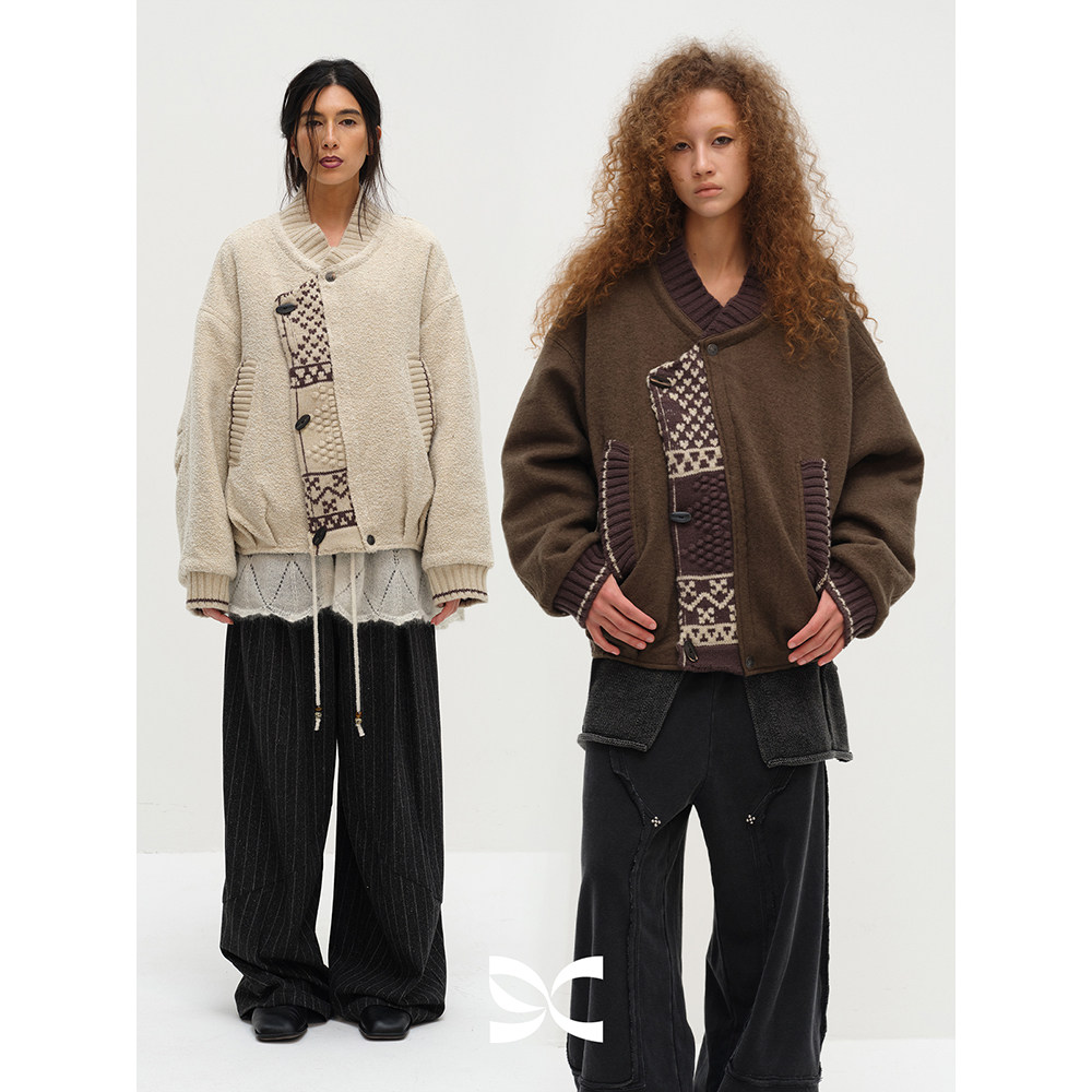 【佳雪佳敏直播精选】设计感复古拼接费尔岛毛织肌理感棉服外套