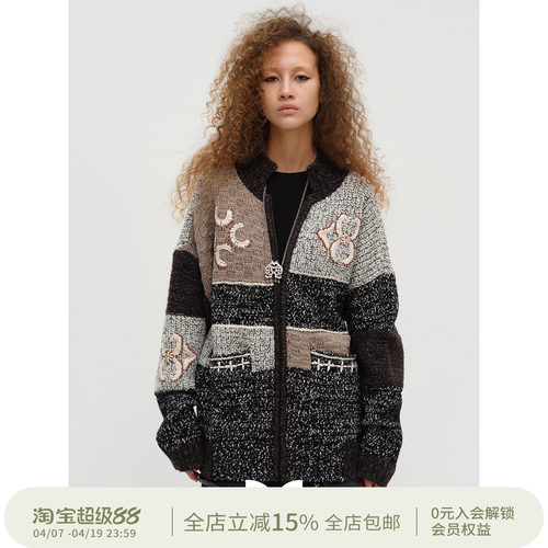 SQUARE CIRCLE 方圆绵羊毛拉链刺绣拼接秋冬复古圣诞大毛衣外套