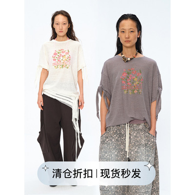 印花袖口绑带宽松休闲短袖T恤