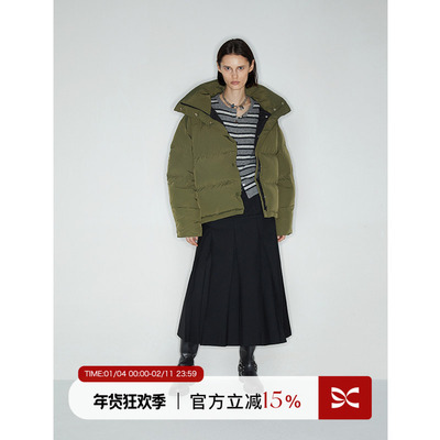 白鸭绒宽松短款加厚军绿色羽绒服
