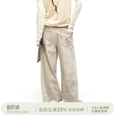 square circle方圆纯棉原创手绘印花质感阔腿宽松气质牛仔裤