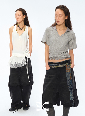 Square Circle 方圆可拆卸两穿铆钉水洗黑色牛仔五分裤弯刀长裤