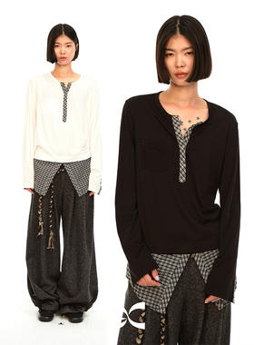 Square Circle方圆小众设计修身宽松显瘦气质拼接黑白格纹长袖