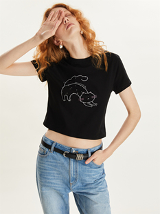 square 上衣 circle方圆烫钻原创猫咪刺绣图案T恤女设计感小众短款